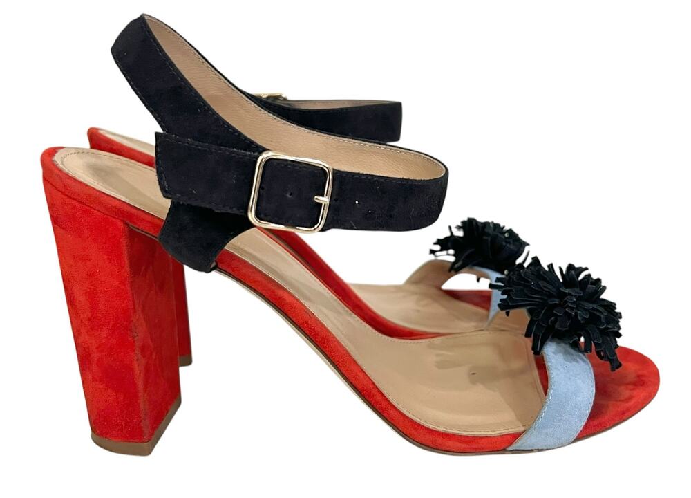 J. Crew Colorblock Sandals w/ Pom-poms Womens 9 Made In Italy Block Heels Suede